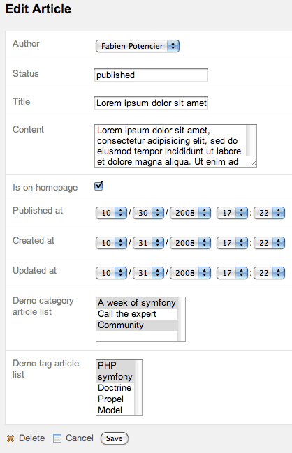 Default article edit form